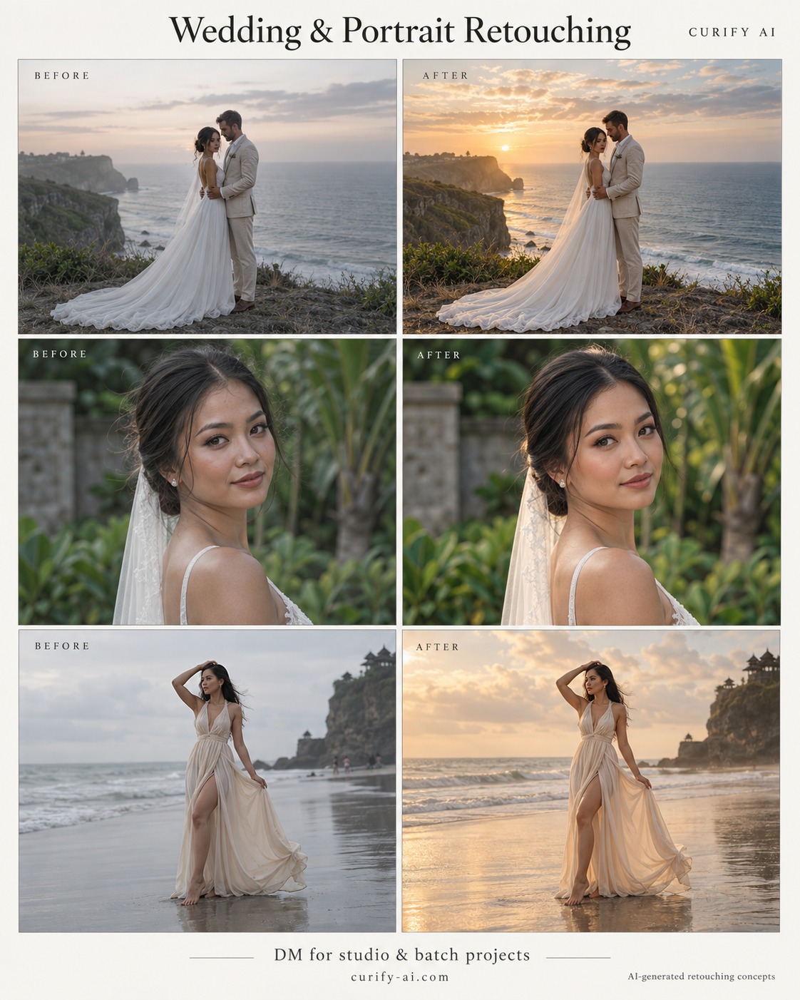 Three synthetic wedding retouching concepts showing cliff lighting, a bridal close-up and a beach scene; not outputs from the wedding generator