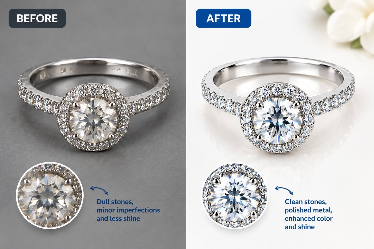 Supplied ring comparison: brighter metal and stones against a lighter background