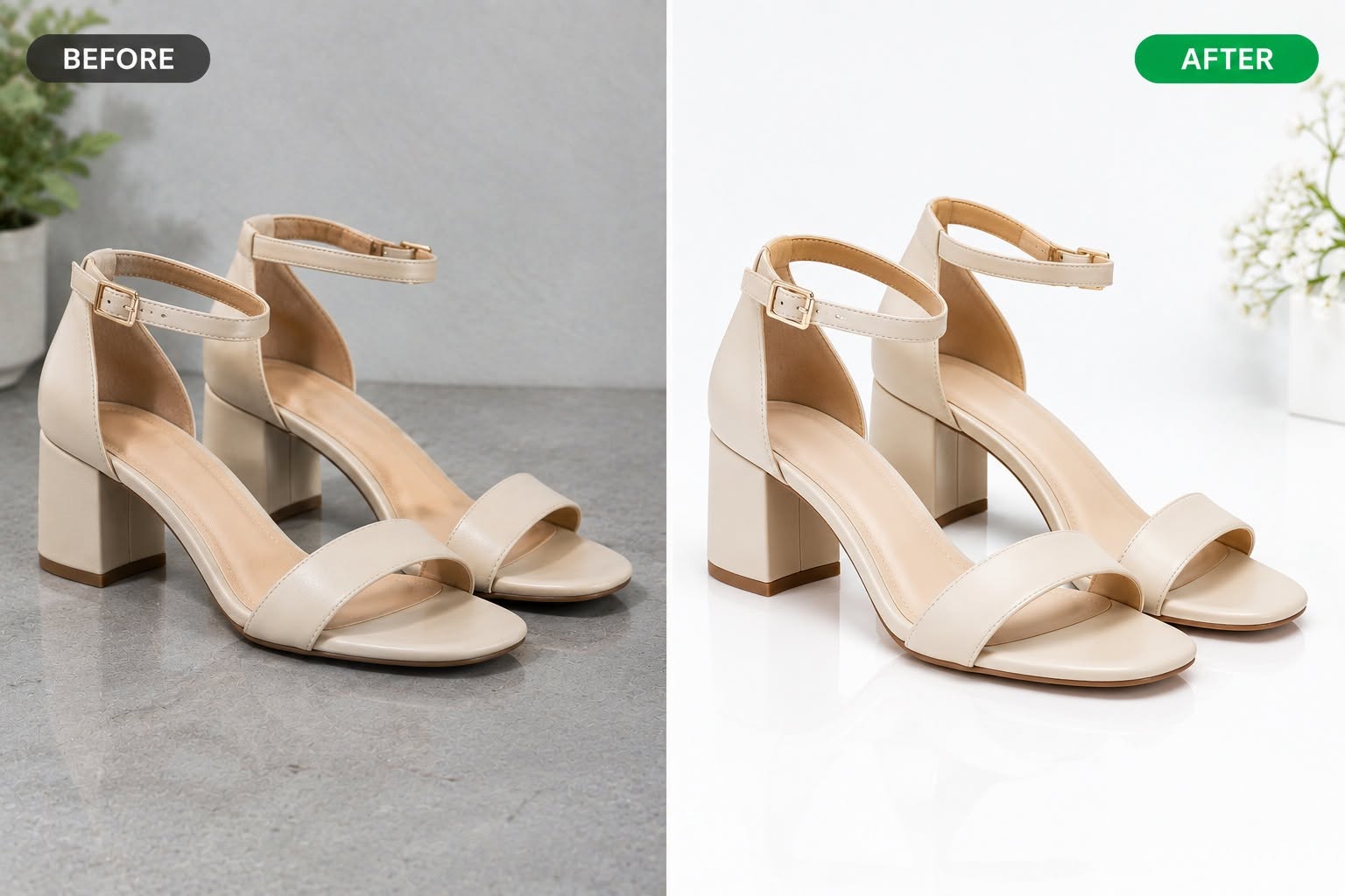 Supplied sandal comparison: grey setting and brighter white presentation