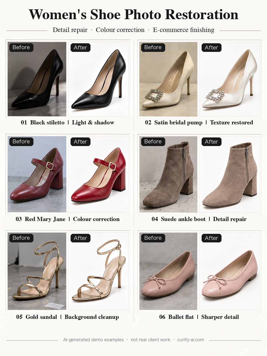 Six generated footwear editing examples, labeled as illustrative demos