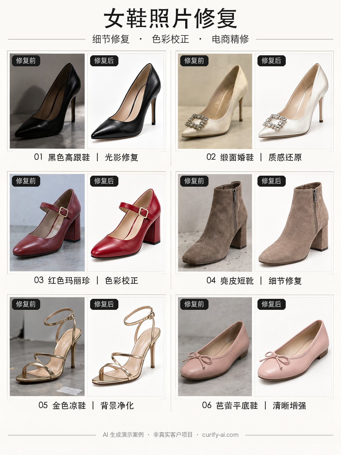 Six generated footwear editing examples, labeled as illustrative demos